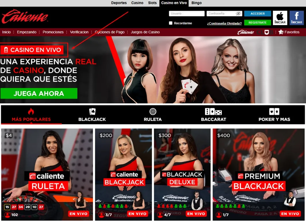 Sección de casino en vivo con crupieres y categorías como ruleta y blackjack en directo