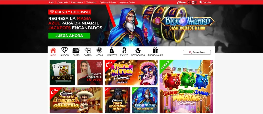 Página principal de casino con tragamonedas, blackjack y promociones exclusivas.