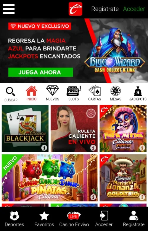 Página principal de casino móvil con juegos destacados y promoción del mago azul