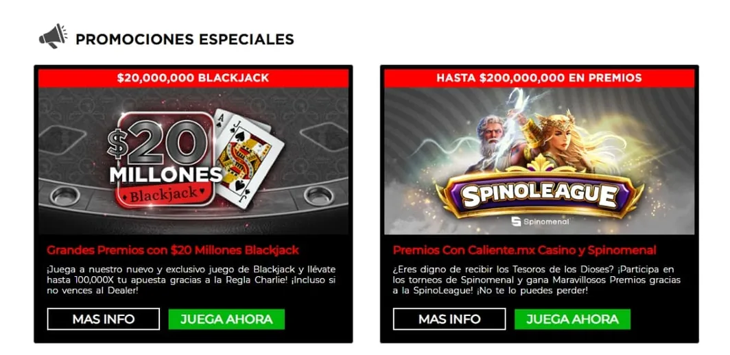 Promociones especiales de Caliente con torneos de blackjack y Spinoleague